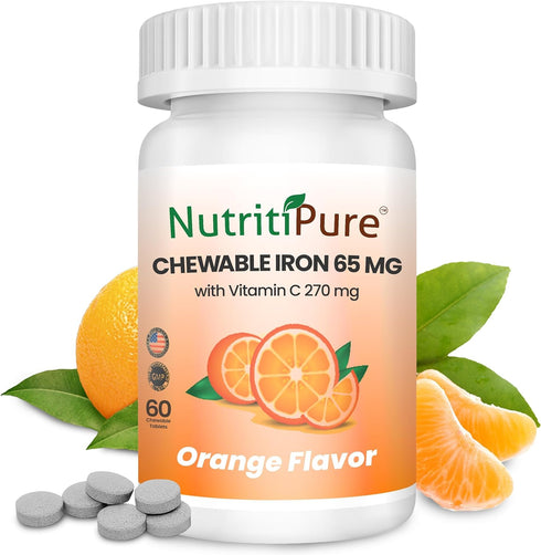 Chewable Iron 65 mg with Vitamin C 270 mg Supplement for Women/Men, 60 Days Supply, Zesty Orange Flavor (60 Count)