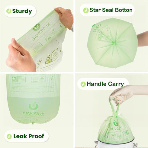 1.2-1.6 Gallon Compostable Bags with Handles,100 Count,Small Compost Bags for Countertop Bin,Mini Biodegradable Kitchen Food Scrap Waste Bags,BPI & OK Compost Home Certified by SAVOVUX