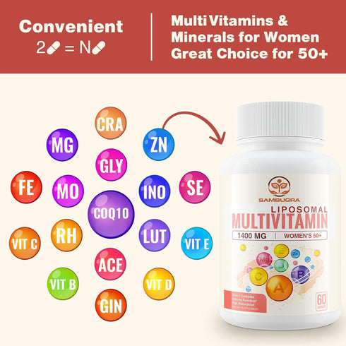 Liposomal Multivitamin for Women 50+, 33 Ingredients, CoQ10, Vitamins C, B, D, E, 60 Capsules