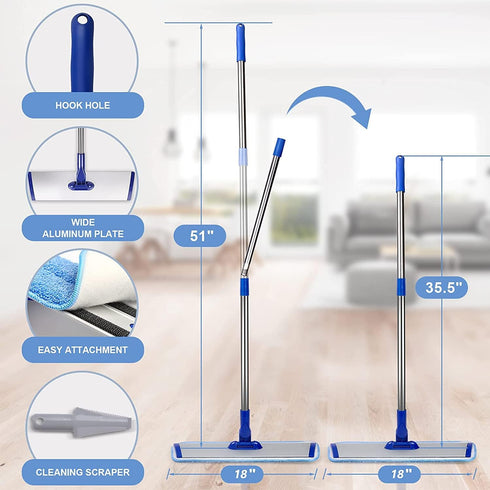 18" Professional Microfiber Mop, Flat Mop with Stainless Steel Handle, 2 Reusable Washable Mop Pads for Floor Cleaning