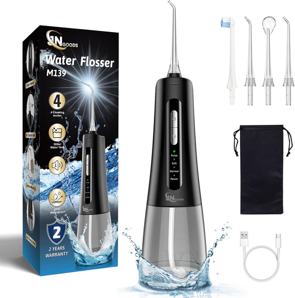 Cordless Water Dental Flosser by JNGOODS, 300ml Rechargeable Oral Irrigator with 4 Jet Tips