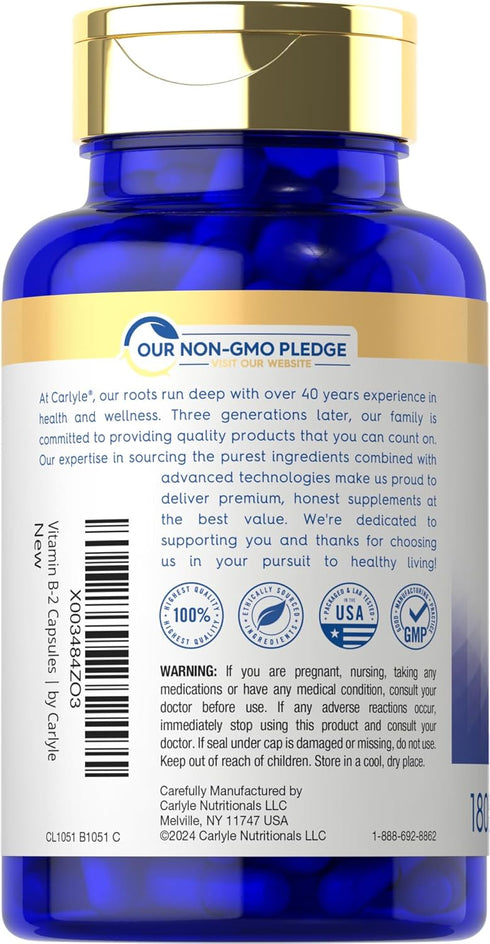 Carlyle Vitamin B-2 400mg | 180 Count | Non-GMO, Gluten Free Supplement | Riboflavin