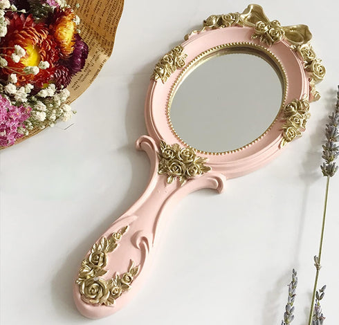 Nerien Handheld Mirror, Vanity Makeup Mirror, Travel Metal Cosmetic Mirror, Oval Embossed Rose Design, Pink