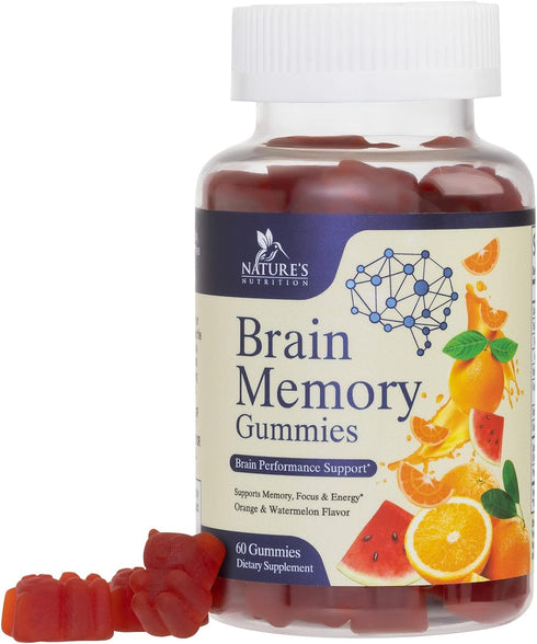Nature's Caffeine Free Brain Supplement Gummy for Memory, Focus & Concentration - 60 Gummies with Nootropics & Vitamins