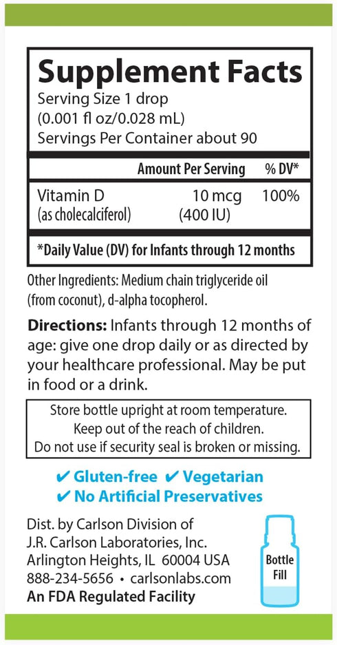 Carlson Baby's Plant-Based Super Daily D3, Vegetarian Liquid Vitamin D Drops, 400 IU per Drop, 90 Drops