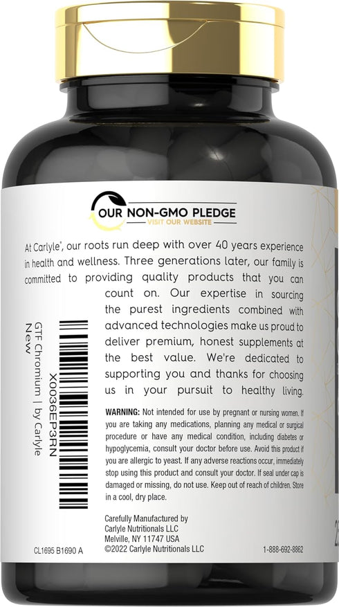 Carlyle GTF Chromium 600 mcg | 250 Non-GMO Capsules | Gluten Free Supplement