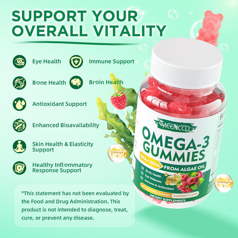 Omega-3 Gummies 1000mg, 3 600mg 300mg 60 Count Vegan Omega Fish Oil Alternative for Adults, Algae-Based DHA & EPA +