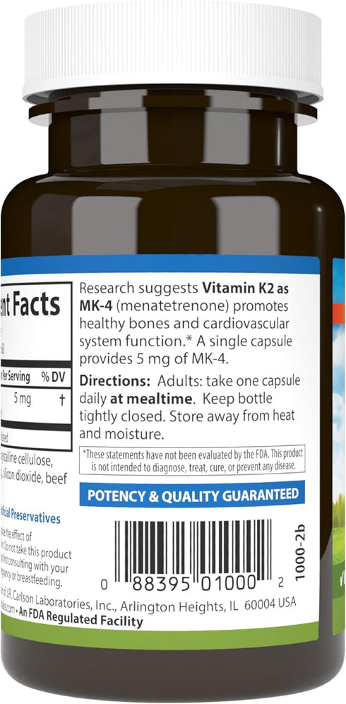 K2, MK-4 K2 60 Carlson - Vitamin (Menatetrenone), Vitamin K Supplement, Bone & Heart Health, Vitamin, Soy-free