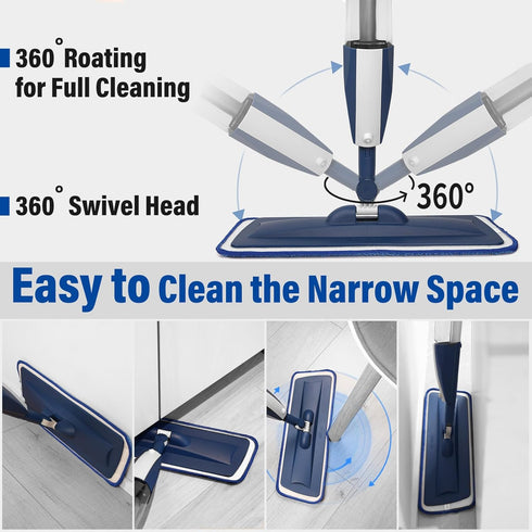 Wet Spray Mop for Floor Cleaning, Refillable Spray Bottle with 3 Washable Microfiber Pads, Home or Commercial Use, Blue