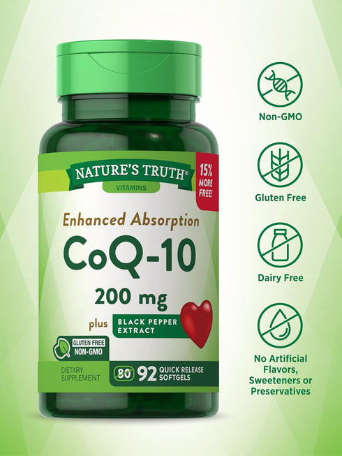 Nature's Truth CoQ10 200mg Softgels, 92 Count, Enhanced Absorption with Black Pepper Extract, Non-GMO