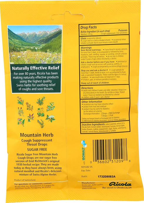 Ricola Sugar Free Swiss Herb Herbal Cough Suppressant Throat Drops, 19 Count (Pack of 3) Bags
