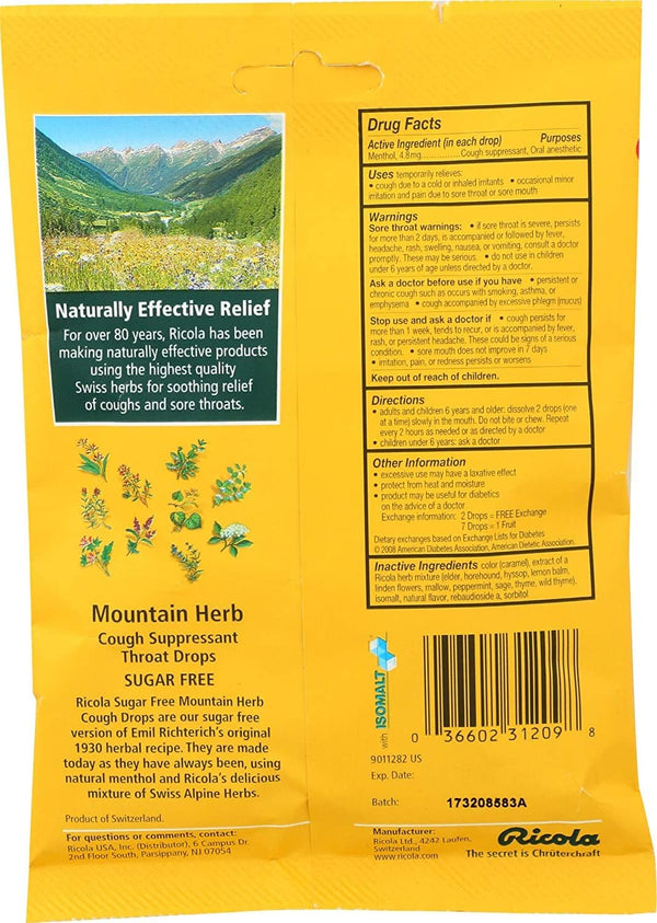 Ricola Sugar Free Swiss Herb Herbal Cough Suppressant Throat Drops, 19 Count (Pack of 3) Bags