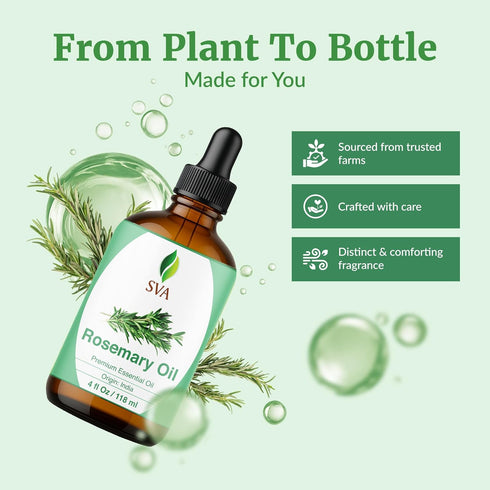 SVA Rosemary Essential Oil, 4 Fl Oz, 100% Natural for Hair, Face, Skin Care, Diffuser, Aromatherapy