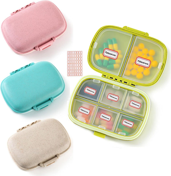 4 Pack Pill Organizer, Daily Pill Case with Label, 8 Compartment Travel Pill Box, Waterproof Portable Container