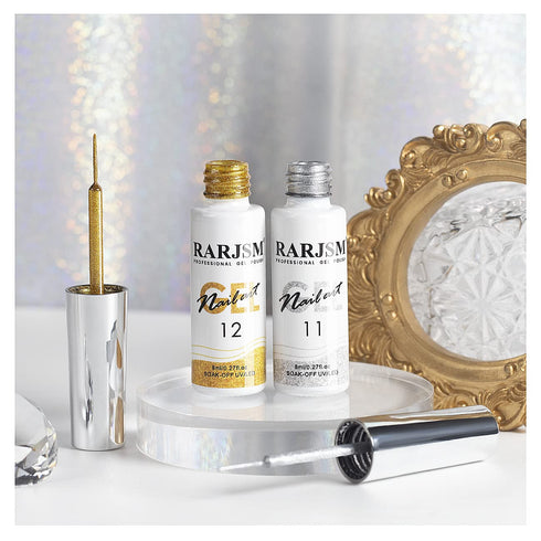 RARJSM Gel Liner Nail Art Polish Set, Silver Gold Glitter Nail Design, 2Pcs Soak Off Curing, 8ml