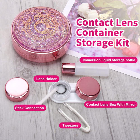 Contact Lens Case, Cute Bling Stars Holder Travel Kit with Remover Tool and Mirror (Pink)