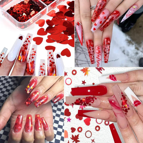 6 Grids Heart Nail Sequins 3D Holographic Nail Glitter Flakes for Valentine's Day Nail Decals for Women