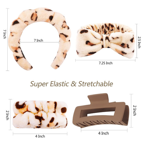 VELSCRUN 6 Pcs Brown Leopard Puffy Sponge Spa Headband Set - Hair Accessories for Washing Face and Makeup