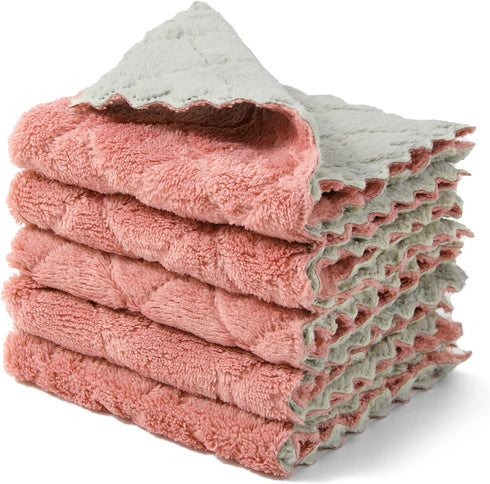 kimteny Cleaning Cloths Kitchen Towels Microfiber Washcloths Lint Free Dish Cloth, Pack of 5 (10"x10", Pink-Grey)