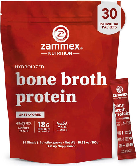 Zammex Bone Broth Packets-18g Collagen Protein-Beef Bone Broth Powder to Go-30 Travel