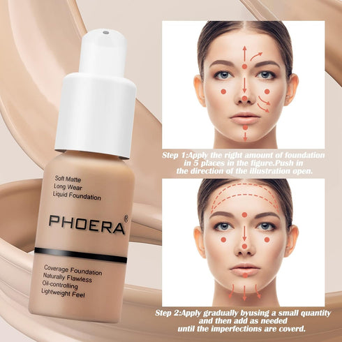 PHOERA Liquid Foundation Makeup - Full Coverage Matte Oil-Control Concealer, 8 Colors (#105 Sand, 30ml)
