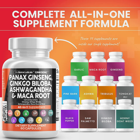 Clean Nutraceuticals Panax Ginseng 10000mg Ginkgo Biloba 4000mg Ashwagandha Maca Root 3000mg - Focus Supplement Pills for Women and Men with Pine Bark Extract, Garlic, and Saw Palmetto - 60 Caps