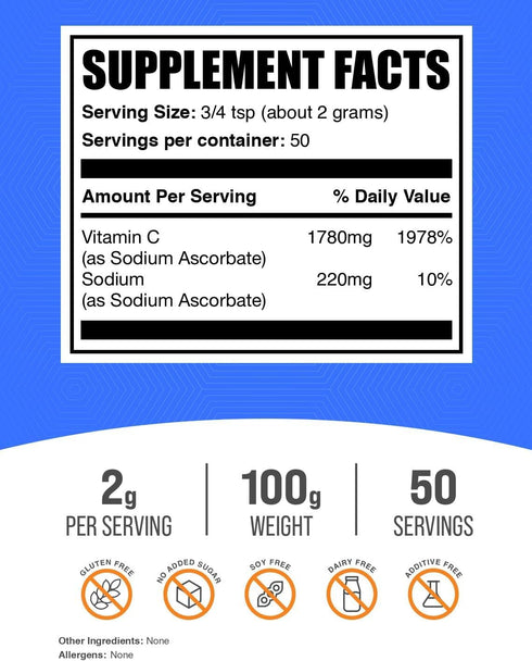 BulkSupplements.com Sodium Ascorbate Powder - Immune Support, 100g (3.5 oz)