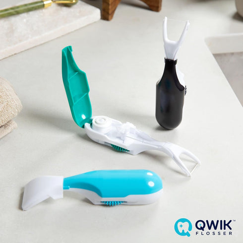 QWIK Dental Flosser | Click-to-Use, Reusable & Refillable | Pre-Loaded Floss with Travel Cover | Easy Flossing