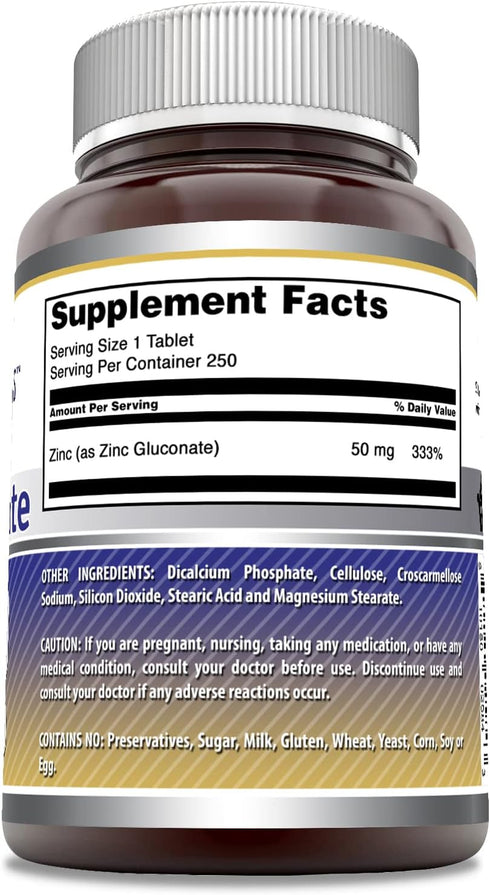 Amazing Formulas Zinc Gluconate 50mg - 250 Tablets Supplement, Non-GMO, Gluten Free, Made in USA
