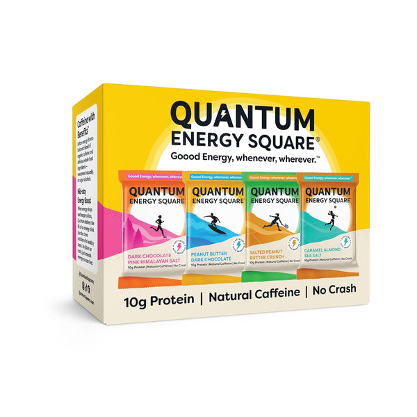 Quantum Energy Square Energy Bar with Caffeine & 10g Protein, Vegan, Gluten-free, 8Pk Variety