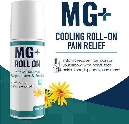 MARS WELLNESS MG+ Cooling Roll on Pain Relief (3 oz) - Fast Acting Arnica Roll on with 5% Menthol for Sore Muscle Pain