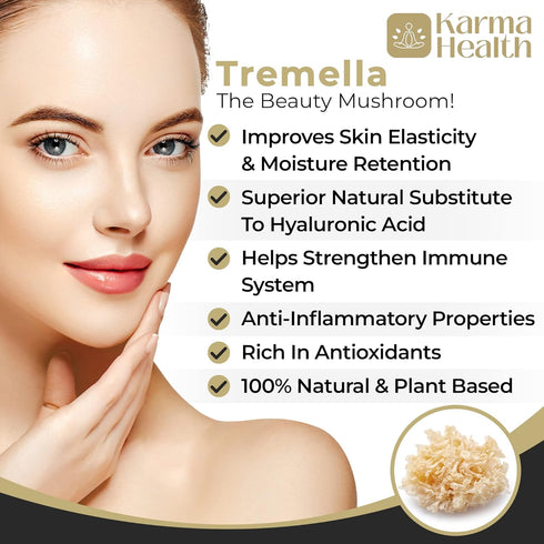 Tremella Mushroom Extract Supplement - Organic Skin Supplement - Compressed Snow Mushroom Powder Capsules - 25% Beta Glucan Content, Vegan & GMO Free. Organic Hyaluronic Acid Capsules
