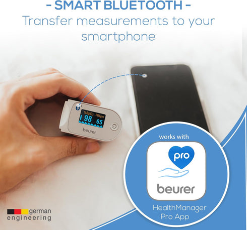 Beurer Bluetooth Digital Fingertip Pulse Oximeter, Blood Oxygen Saturation & Pulse Rate Monitor with Accessories, 1