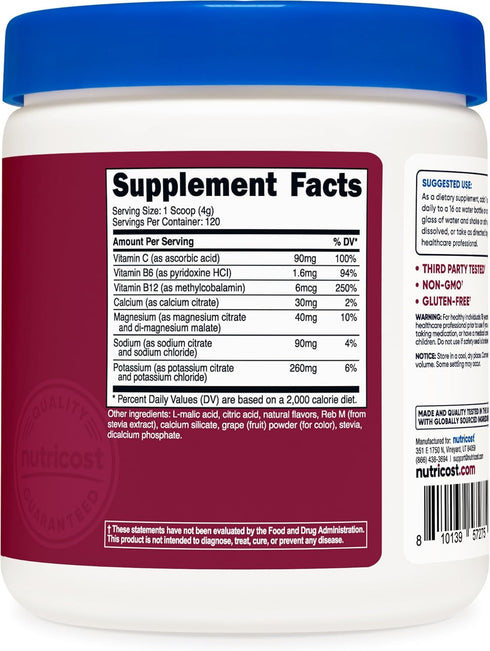Nutricost Electrolyte Complex Powder (Grape, 120 Servings) - Hydration Supplement Drink Mix with Vitamins