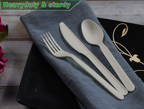 200 Count Heavy-Duty Compostable Cutlery Set, 100 Forks and 100 Spoons, BPI Certified, Large Disposable Alternative