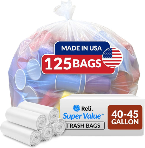 Reli. Heavy Duty Trash Bags, 40 to 45 Gallon, 125 Clear Garbage Bags for Serious Cleanup