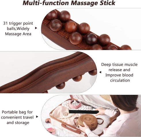 WYJTPONE Tools,31 (31beads) Guasha Wood Massage Stick Beads Back Massage Roller Stick,Lymphatic Drainage Massager