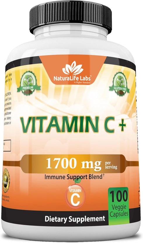 NaturaLife Labs A Higher Standard Vitamin C 1,700 MG with Vitamin D3, Zinc, Elderberry, Ginger Root - 100 Veggie
