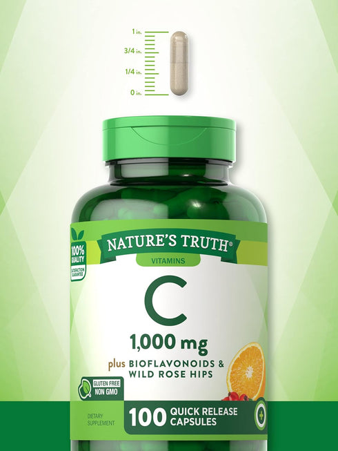 Nature's Truth Vitamin C 1000mg, 100 Capsules, with Wild Rose HIPS & Bioflavonoids, Non-GMO & Gluten Free