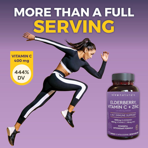 Viva Naturals 4-in-1 Daily Immune Support Supplement, 120 Capsules - 1000mg Sambucus Black Elderberry, Zinc, Vitamin C