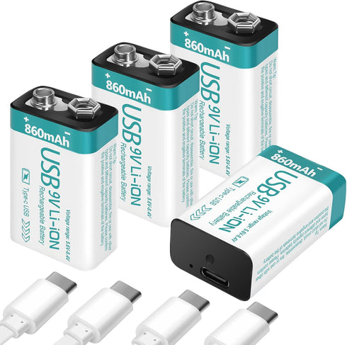 Rechargeable 9V Lithium USB Battery 860mAh (4 Pack) with 4 in 1 Charge Cable