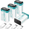Rechargeable 9V Lithium USB Battery 860mAh (4 Pack) with 4 in 1 Charge Cable