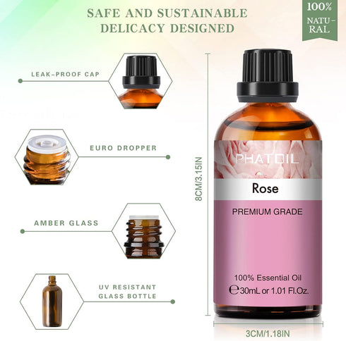 Rose Essential Oil - 1.01Fl.Oz (30ML) PHATOIL Pure Essential Oil for Aromatherapy, Great for DIY