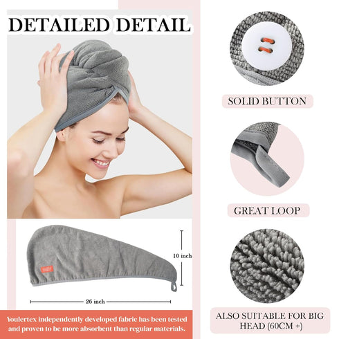 YoulerTex Microfiber Hair Towel Hair Wrap, 2 Pack 10X26 Hair Dryer Towels for Women, Absorbent Turban Twist Drying