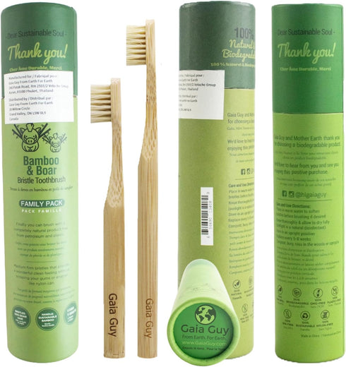 Gaia Guy Natural Bristle Bamboo Toothbrush Family Pack - Compostable & Biodegradable Boar Bristle, 4 Kids & 4 Adults