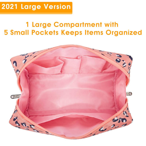 Narwey Cute Cheetah Makeup Bag, Travel Cosmetic Bag Organizer with Compartments for Women Girls, Large, Leopard