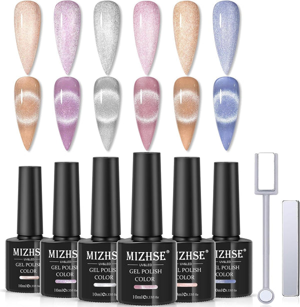 MIZHSE 10ml*6 Colors Cat Eye Gel Nail Polish - Glitter Pink Gold Sparkle Set with Universal Silver Cat Eye Gel