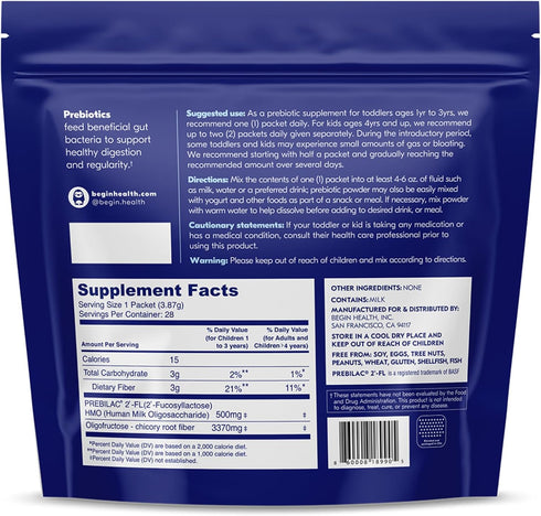 Begin Health Daily Growing Up Prebiotics 28-Pack, Kids Digestion Powder for Constipation, Fiber Rich with Chicory Root