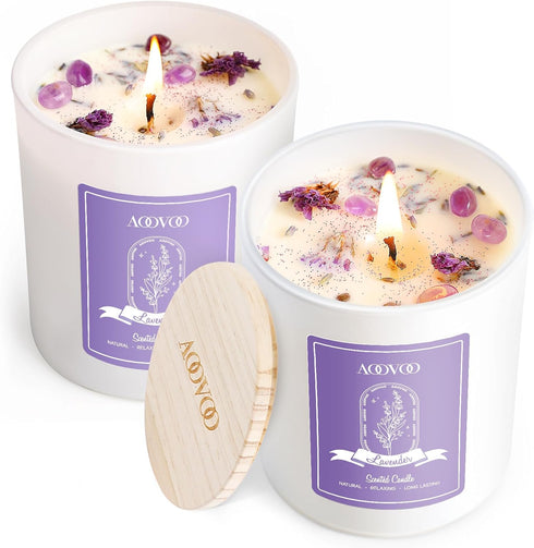 AOOVOO Lavender Scented Candle Set 2 Pack - Aromatherapy Candle with Crystals
