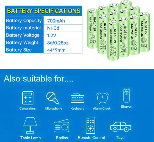 12PCS 1.2V 700mAh Ni Cd AAA Battery for Wireless Microphones, Electric Toys, Household Appliances, Solar Lamp